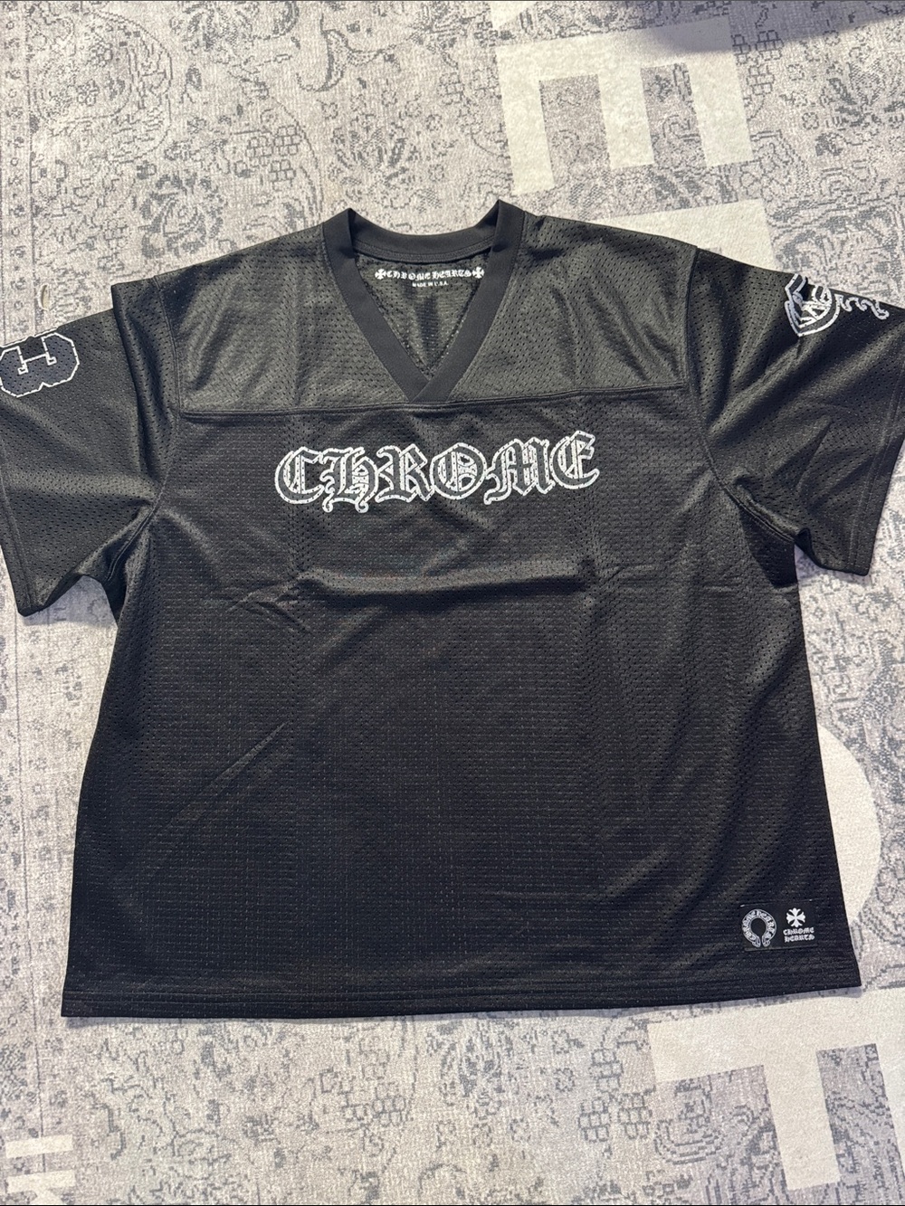Chrome Hearts Black Mesh V-Neck Jersey with White Logo